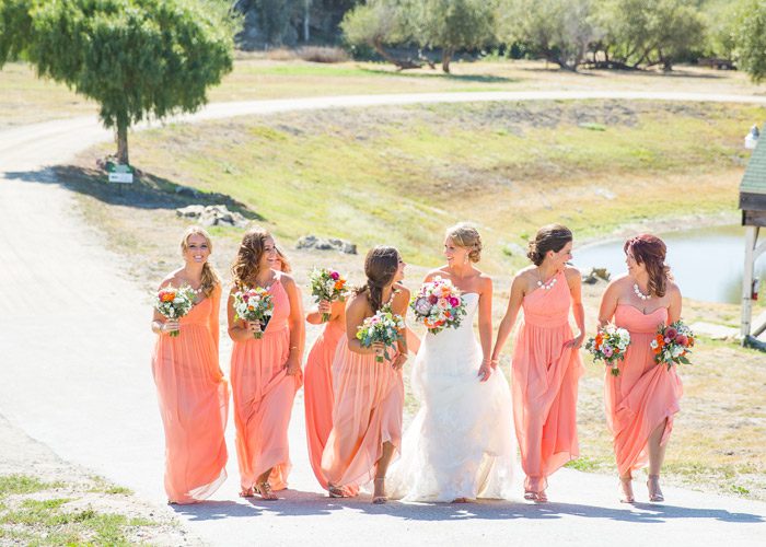 Coral colors and bridesmaids.