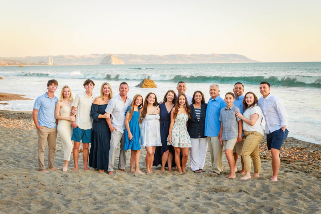 Cayucos beach large group family portait with morro rock in background