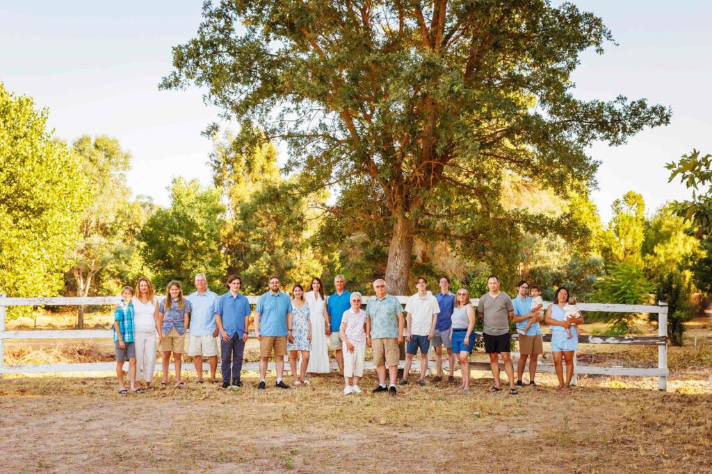 Multigenerational photo at a Paso Robles vacation rental during a with oak tree in background